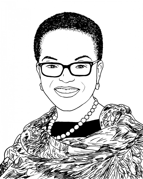 Illustrated pen and ink portrait of President Valerie Smith